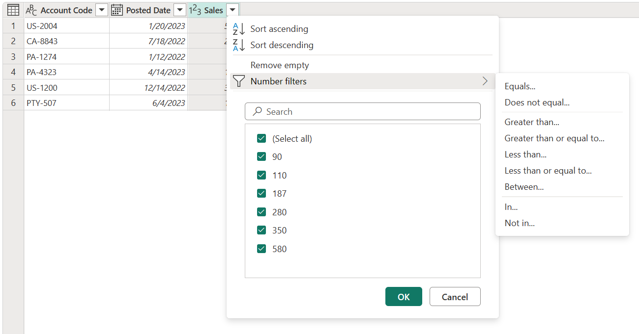 Screenshot der Menüelemente mit Befehlen und Filtern, die sich auf Spalten beziehen, die den Datentyp „Zahl“ enthalten.
