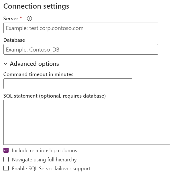 Connect to data source dialog, using the SQL Server database connector, that showcases the Connection settings with the advanced options section expanded.