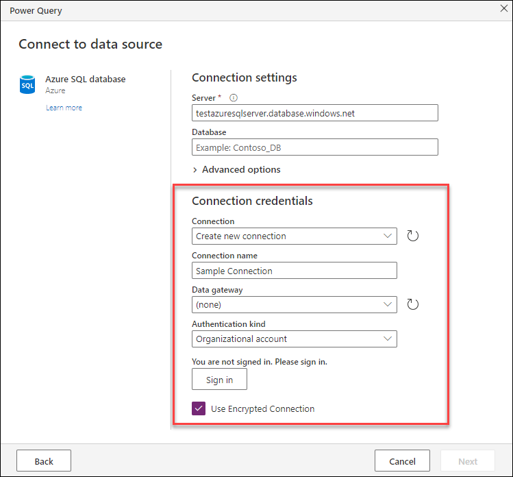 Anmeldeinformationen für die Verbindung des Azure SQL-Datenbank Connectors, wobei der Benutzer mithilfe der Funktion für die automatische Anmeldung authentifiziert wurde.