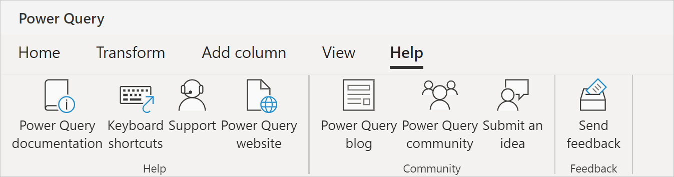 Screenshot of the help tab with the Power Query documentation, Keyboard shortcuts, Support, Power Query website, Power Query blog, Power Query community, Submit an idea, and Send feedback links.