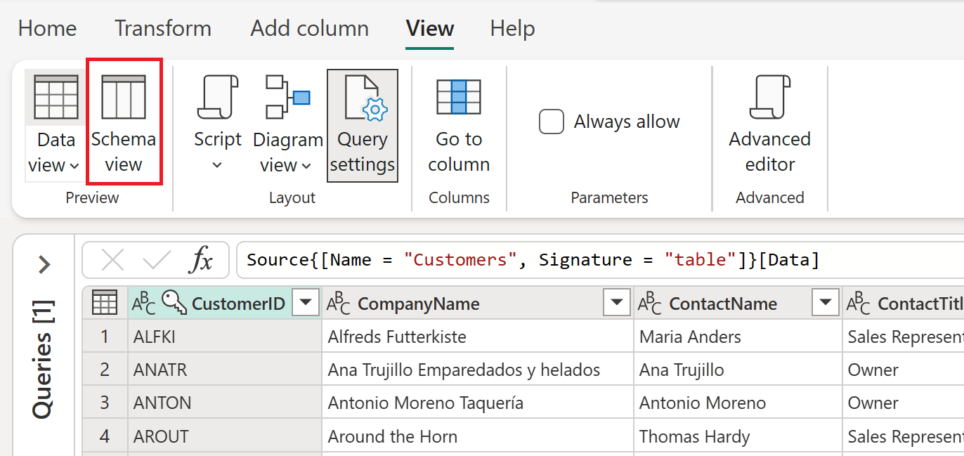 Screenshot emphasizing the Schema view button found inside the View tab in the Power Query ribbon.