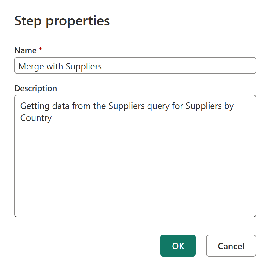 Screenshot of the Step properties dialog with the changed name and description filled in.