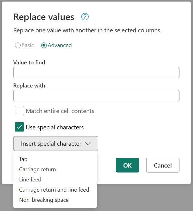 Ersetzen mithilfe der Option Sonderzeichen.