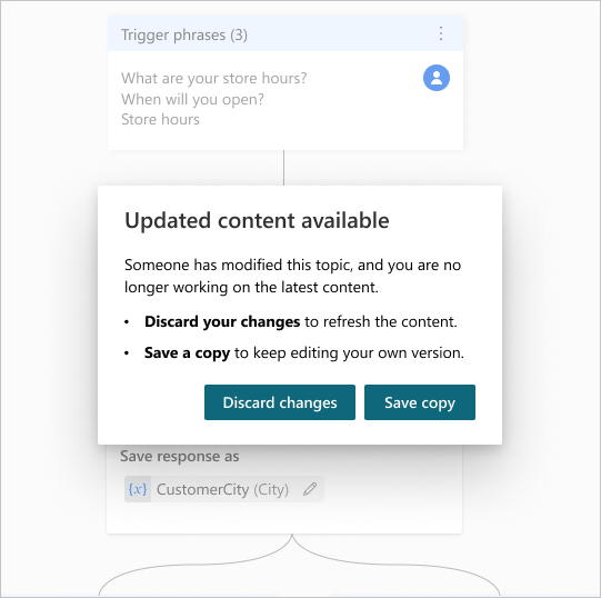 Screenshot mit einer Eingabeaufforderung mit der Aufschrift „Aktualisierter Inhalt verfügbar“ und Optionen zum Verwerfen Ihrer Änderungen oder Speichern einer Kopie.