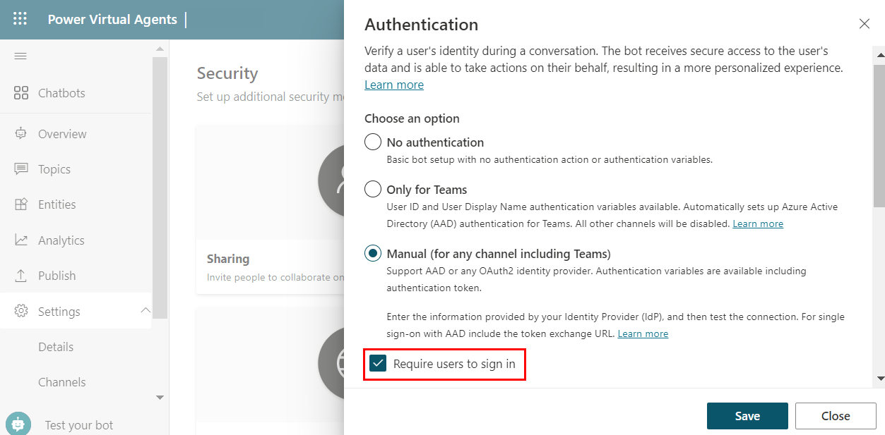 Screenshot des Bereichs Authentifizierung mit der Option „Benutzer muss sich anmelden“.