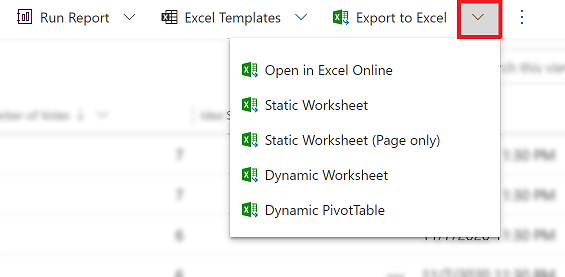 Optionen zum Exportieren nach Excel