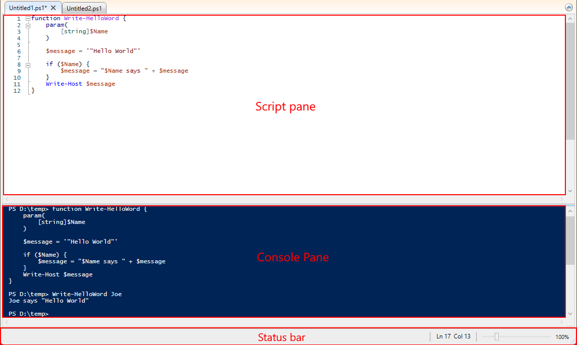 Screenshot der Bereiche und Statusleiste.