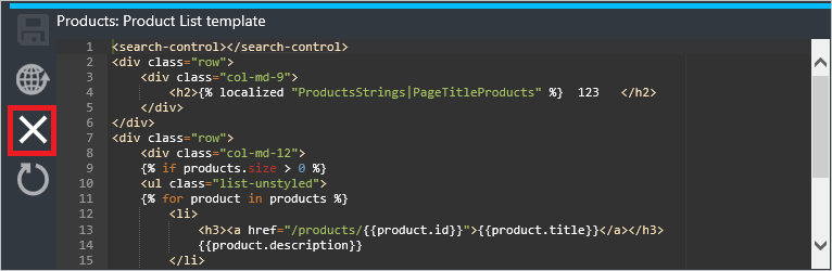 Screenshot, das das Symbol hervorhebt, das Sie zum Zurücksetzen einer Vorlage verwenden.