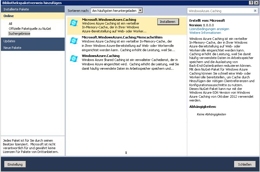 Screenshot of Caching Preview Package (NuGet 1.2)