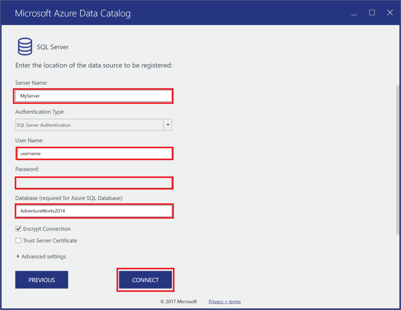 Auf der Seite „SQL Server-Verbindungseigenschaften“ werden die Textfelder für diese Attribute hervorgehoben: Servername, Benutzername, Kennwort und Datenbank. Dann ist die Schaltfläche „Verbinden“ ausgewählt.