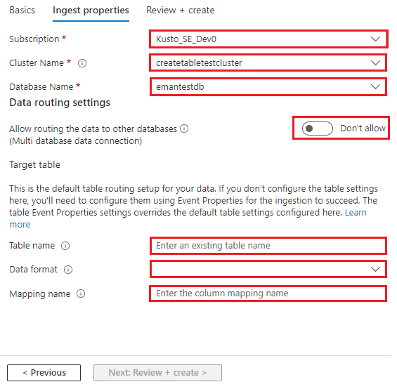 Screenshot der Registerkarte „Eigenschaften erfassen“ für die Datenverbindung mit dem Abonnement und den Datenroutingeigenschaften.