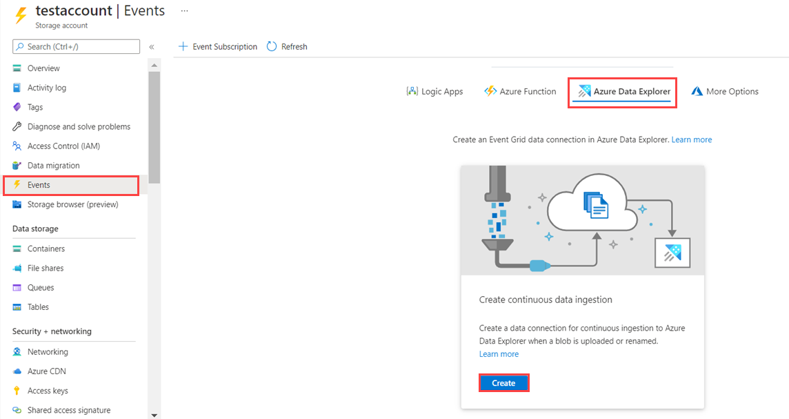 Screenshot der Seite „Ereignisse“ des Azure-Speicherkontos mit der Registerkarte „Azure Data Explorer“.