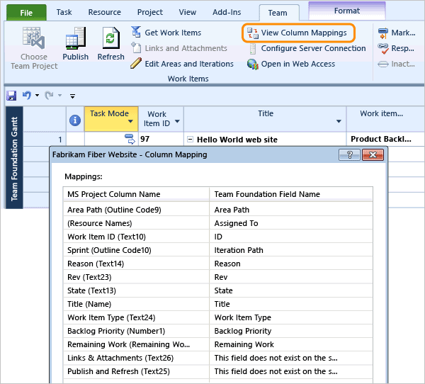 ALM_PRJ_ViewColumnMappings View which TFS fields are mapped to project fields