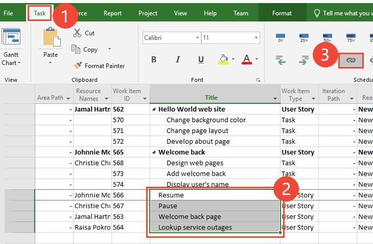 Create predecessor-successor links in Project