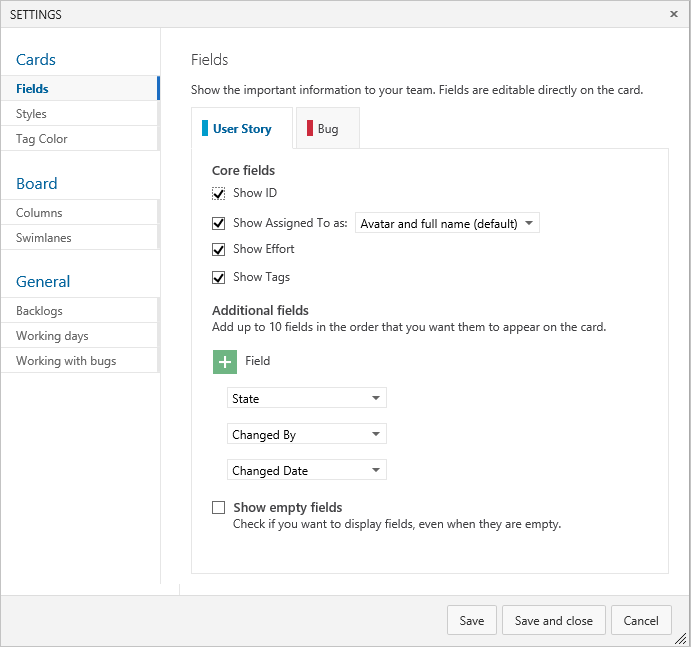 TFS 2015.1 Kanban board, card customization dialog