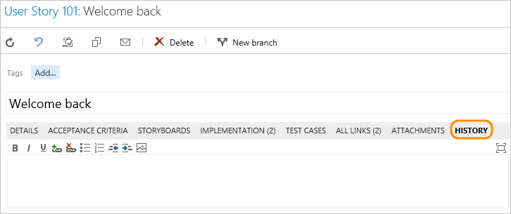 Screenshot of Work item form, History tab, Web portal, earlier versions