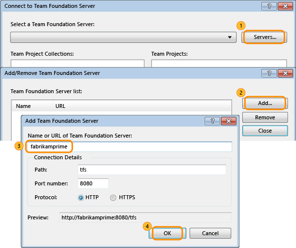 Connect to Team Foundation Server dialog in TFS.