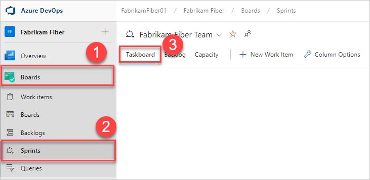 Screenshot of Taskboard selection.