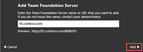 Enter the name of a Team Foundation server.