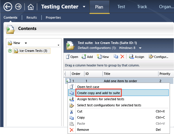 Right-click a test case and choose Create copy