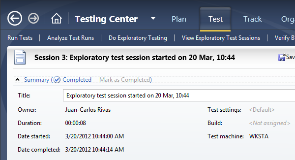 Summary of the exploratory test session