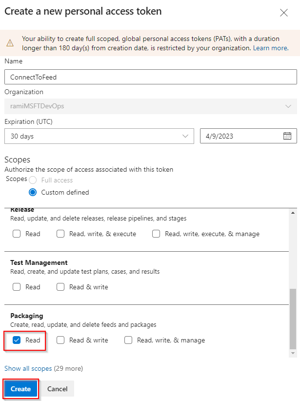 A screenshot showing how to create a personal access token with packaging read permissions.