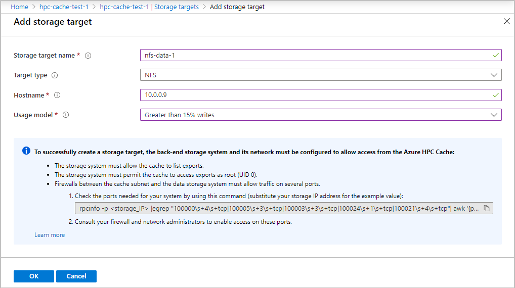 Screenshot der Seite 'Speicherziel hinzufügen' mit festgelegtem NFS-Ziel