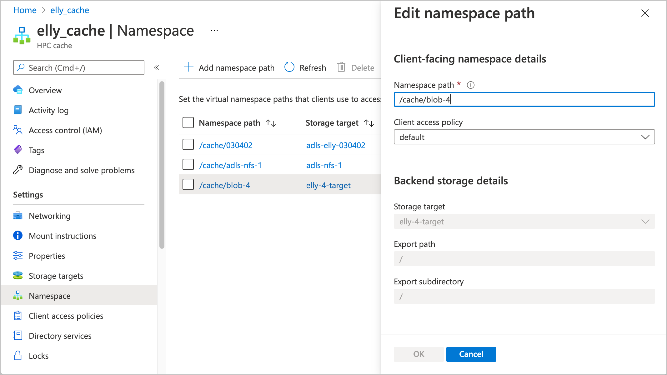 Screenshot der Namespaceseite nach dem Klicken auf einen Blob-Namespacepfad – die Bearbeitungsfelder werden in einem Bereich rechts angezeigt.
