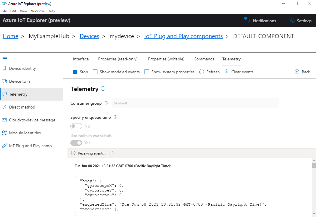 Screenshot der Gerätetelemetrie im IoT-Explorer