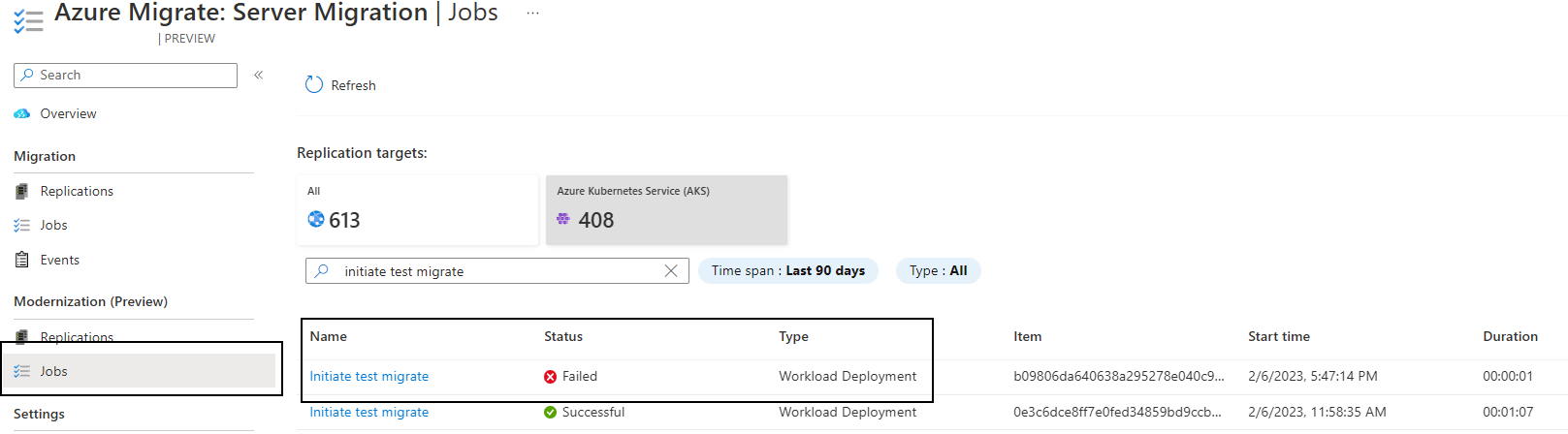 Screenshot des Fehlgeschlagenen Testmigrationsauftrags.