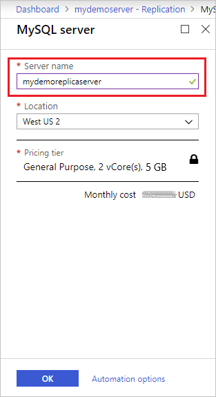 Azure Database for MySQL – Replikatname