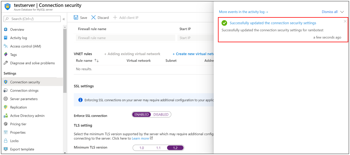 TLS-Konfigurationserfolg für Azure Database for MySQL