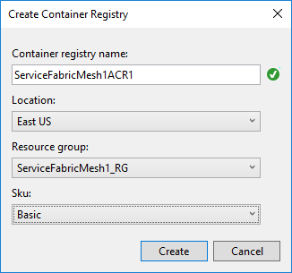 Dialogfeld für neue Containerregistrierung von Service Fabric Mesh in Visual Studio