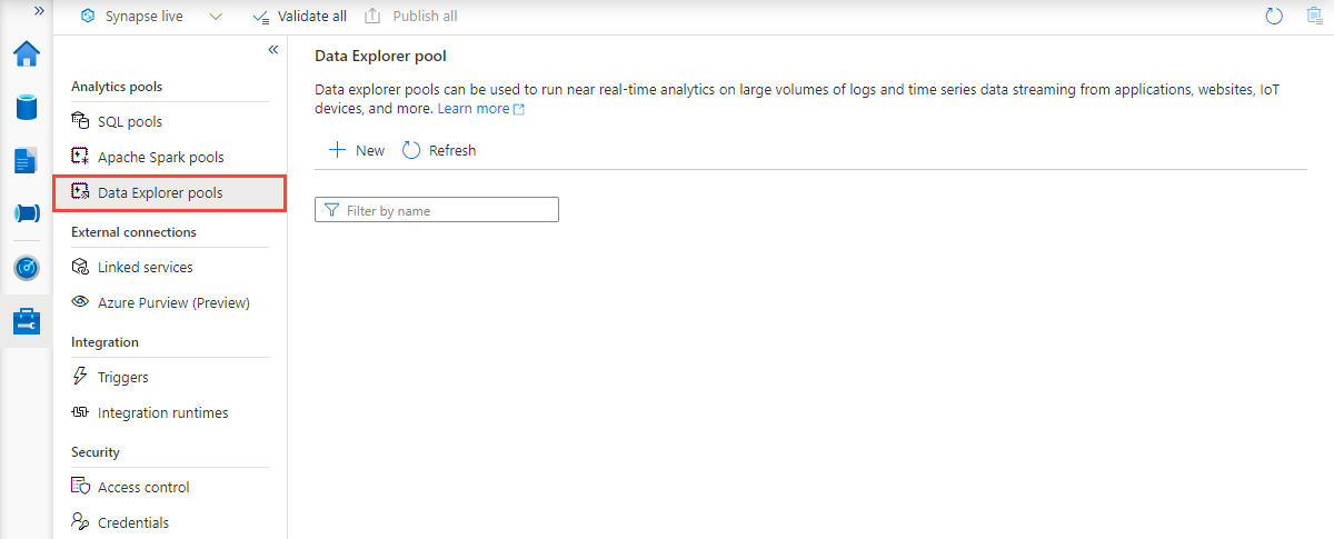 Synapse Studio-Verwaltungshub mit ausgewählter Navigation der Data Explorer-Pools