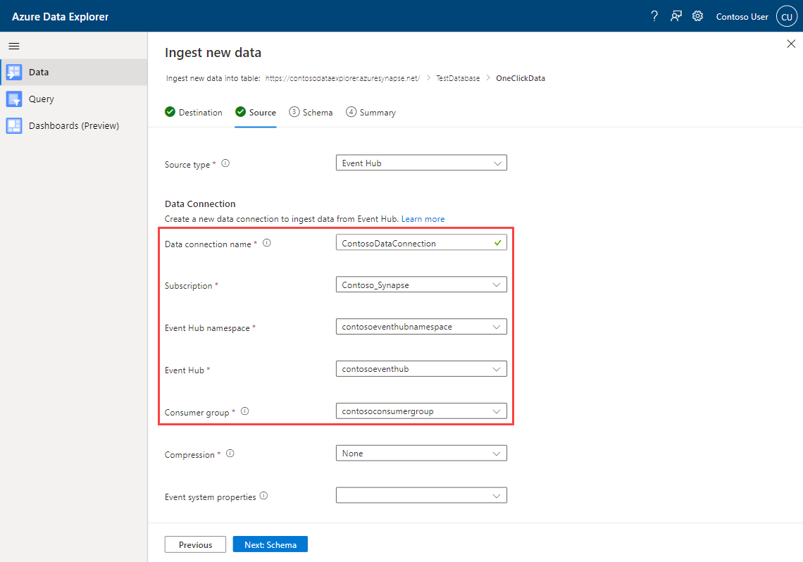 Screenshot des Azure Data Explorer-Assistenten für die 1-Klick-Erfassung: Details der Event Hub-Verbindung.