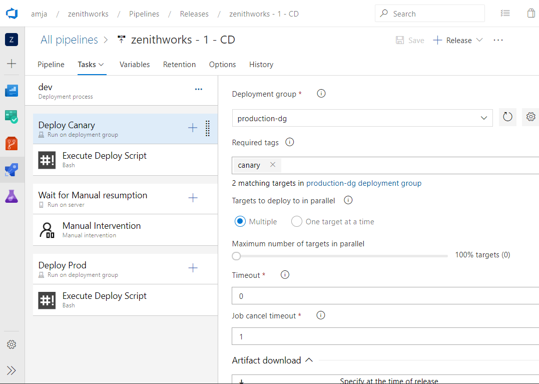 Ein Screenshot, der Jobs der Release-Pipeline zeigt.