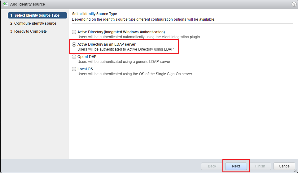 Screenshot, auf dem die Option „Active Directory als LDAP-Server“ hervorgehoben ist