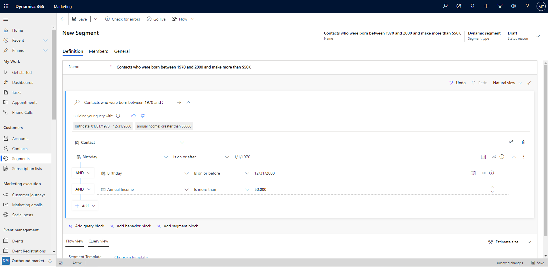 Natürlichsprachliches Segment „Kontakte, die zwischen 1970 und 2000 geboren wurden und mehr als 50.000&nbsp;US-Dollar verdienen“