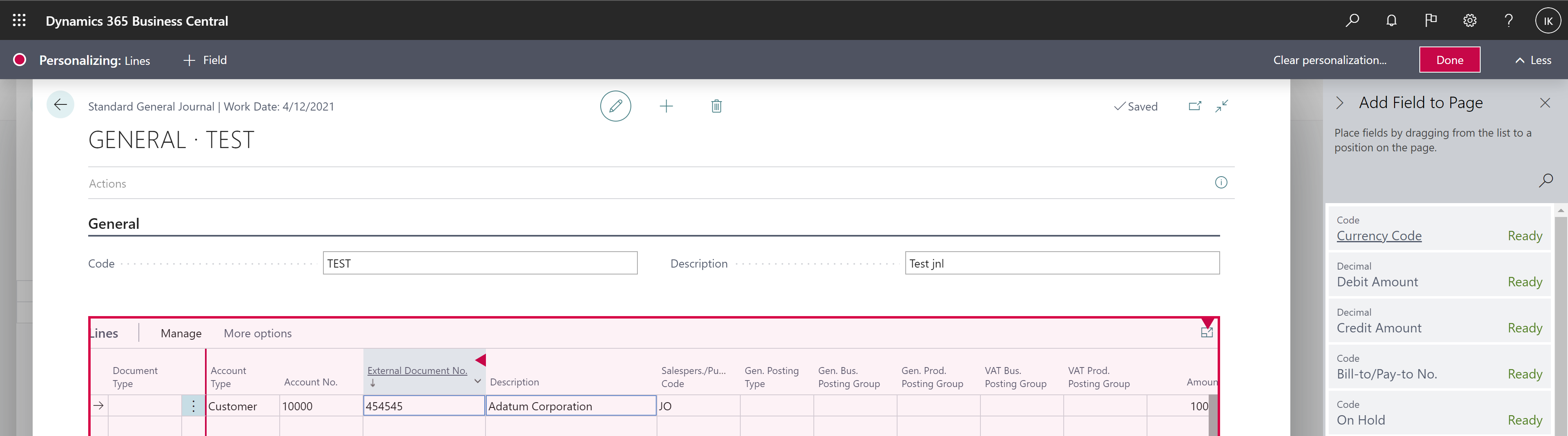 Zeigt die Seite „Standard Fibu Buch.-Blätter“ mit einer neuen Spalte an