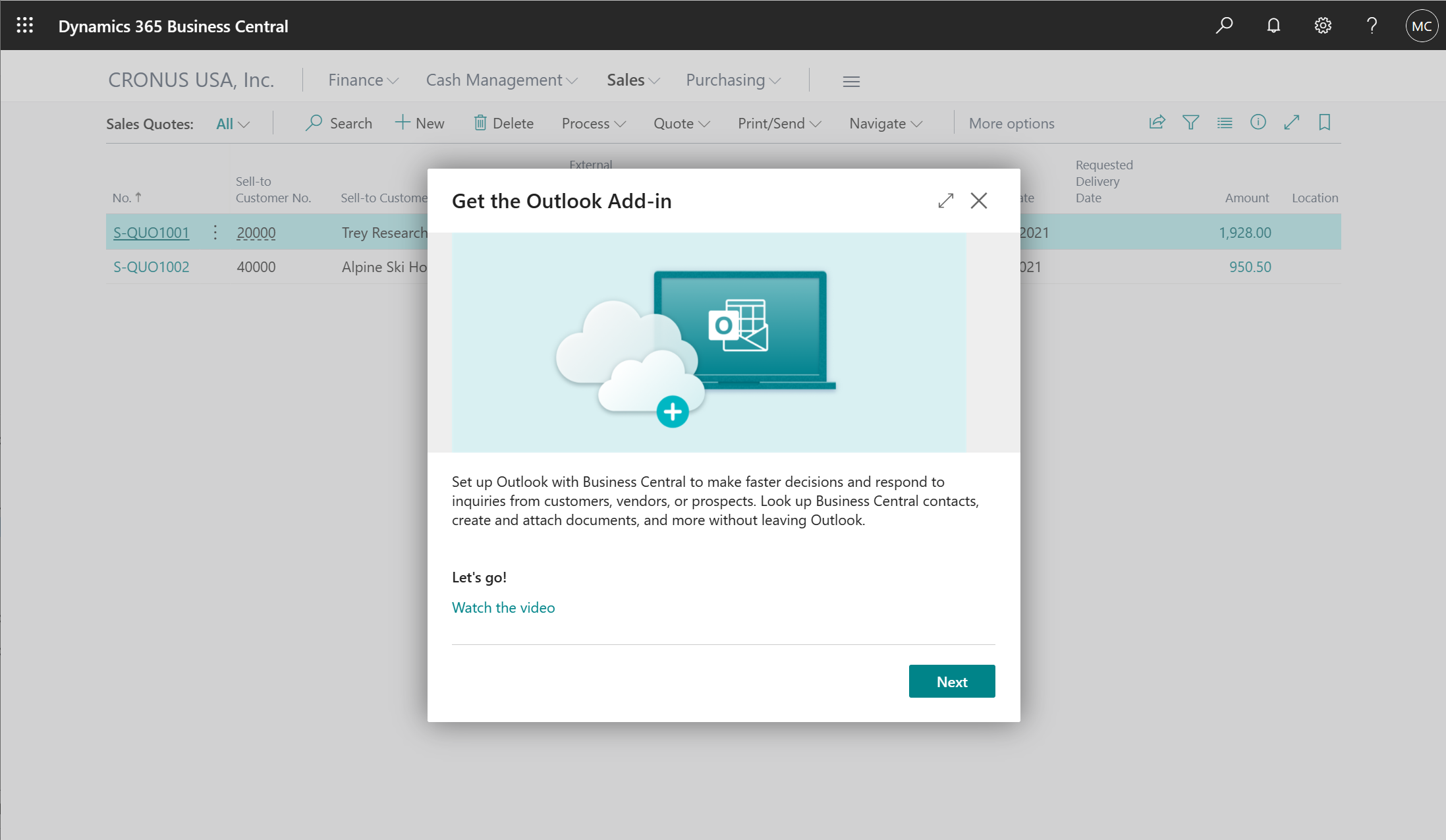 Abbildung eines neuen Assistenten, der Benutzer*innen bei der Installation der Outlook-Add-Ins unterstützt.