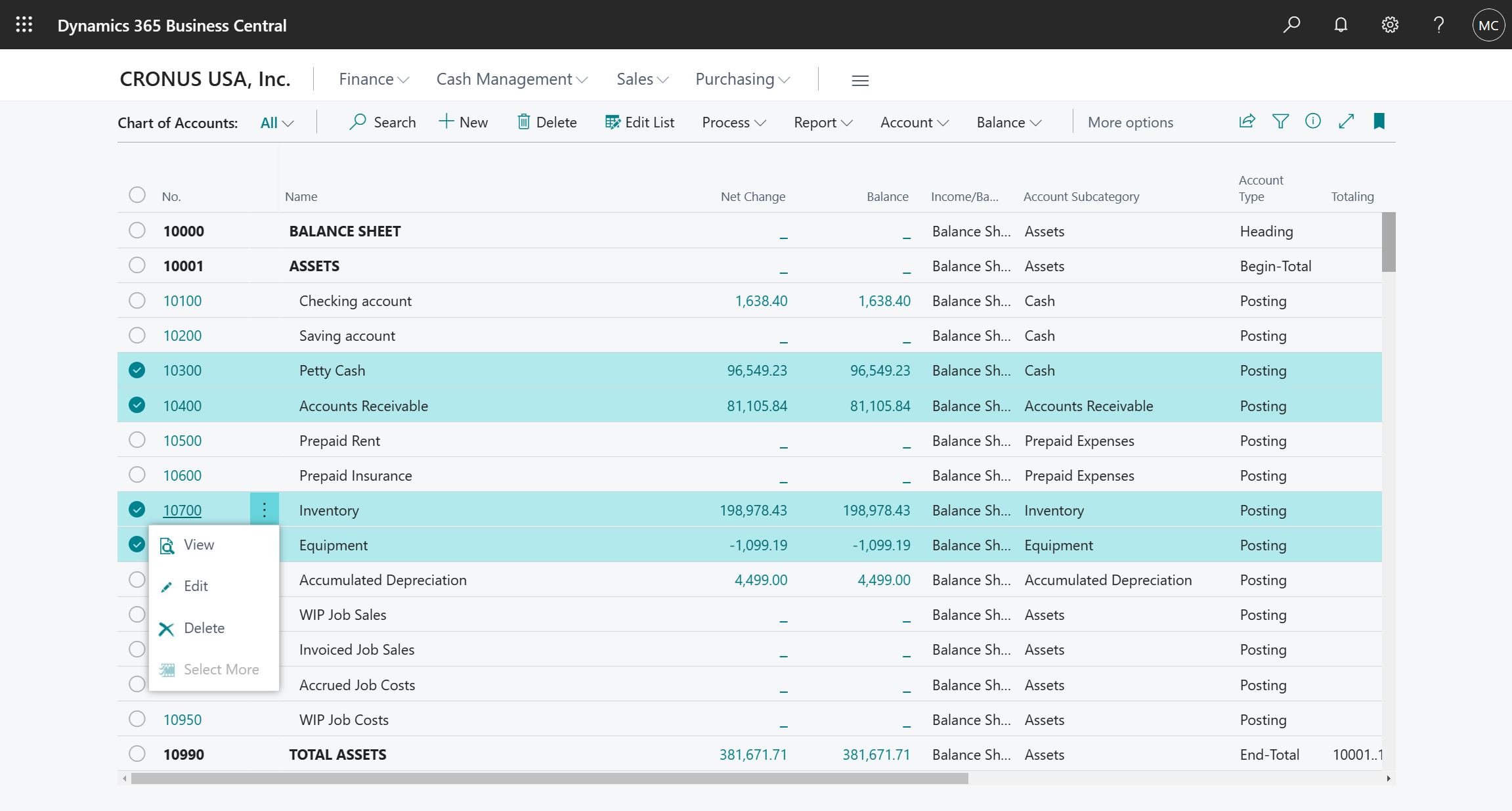 Abbildung einer Liste mit mehreren ausgewählten Zeilen