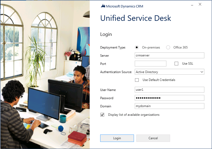 Unified Service Desk-Client-Anmeldebildschirm