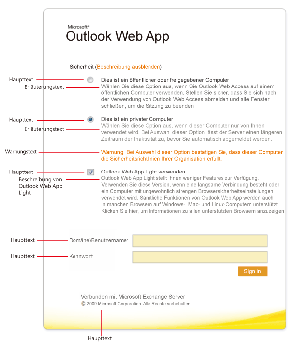 Outlook-Web App-Anmeldeseite mit Textoptionen