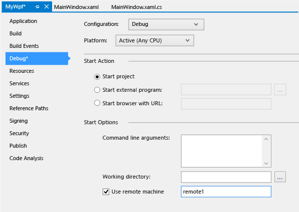 Debug-Projekteigenschaftenseite