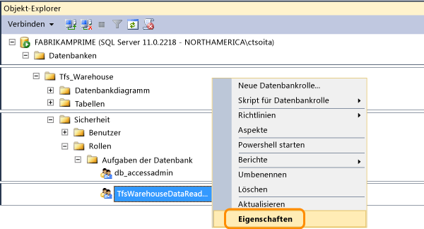 Eigenschaften der Datenreaderrolle "Tfs_Warehouse" öffnen