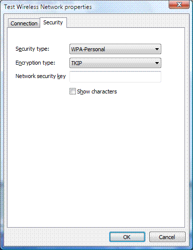 The Security tab for the properties of a wireless network