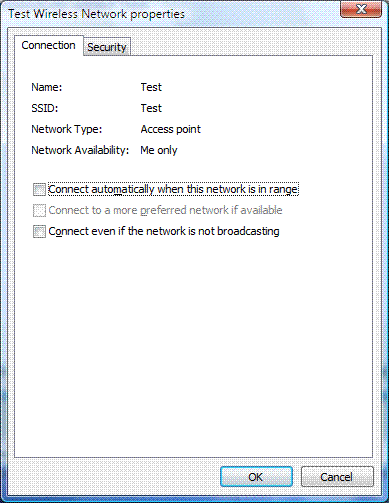 The Connection tab for the properties of a wireless network