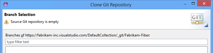 Branch selection dialog box showing the empty repository