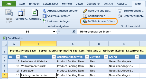 Arbeitsaufgabe aus Excel in TWA öffnen