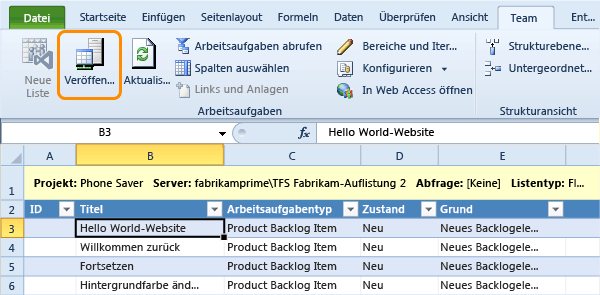 Arbeitsaufgaben aus Excel in TFS veröffentlichen